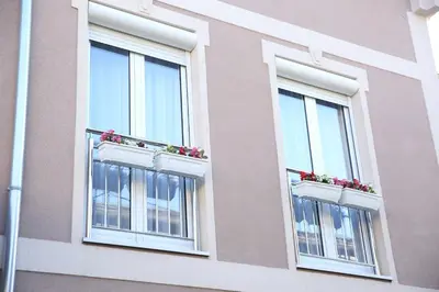 two windows with flowers in them on a building at Apartments Lukic in Vrnjačka Banja
