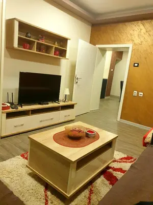 a living room with a television and a coffee table at Ceca Apartman in Niš