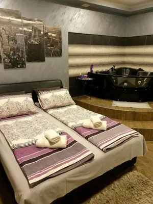 two beds in a room with a bath tub at Ceca Apartman in Niš