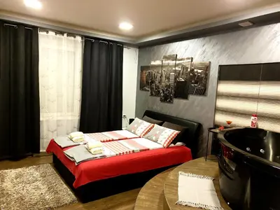 a bedroom with a bed and a tub and a table at Ceca Apartman in Niš