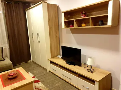 a living room with a television on a table at Ceca Apartman in Niš