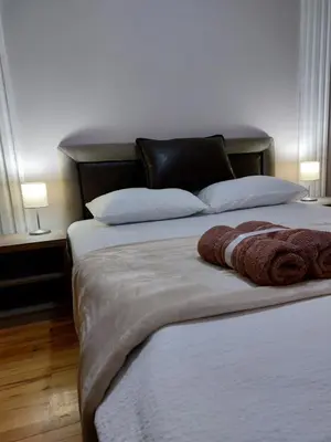 a bedroom with two beds with brown blankets and pillows at Apartmani Radulović in Vrnjačka Banja
