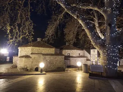 a tree with christmas lights in front of a building at Vila Lenka Sokobanja in Soko Banja