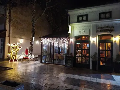 a restaurant with christmas lights in front of a building at Vila Lenka Sokobanja in Soko Banja