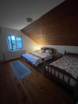 a bedroom with two beds and a wooden ceiling at Vila Lenka Sokobanja in Soko Banja