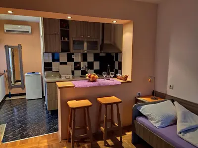 a kitchen with a bar and a couch in a room at Apartman Ristic in Niška Banja