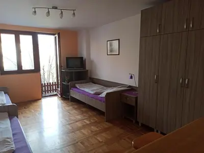 a room with a bedroom with a bed and a tv at Apartman Ristic in Niška Banja