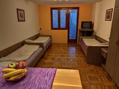 a room with two beds and a bowl of fruit on a table at Apartman Ristic in Niška Banja