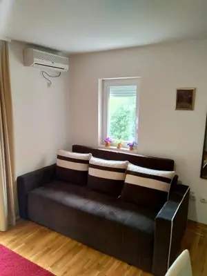 a brown couch in a living room with a window at Panorama 5 in Soko Banja