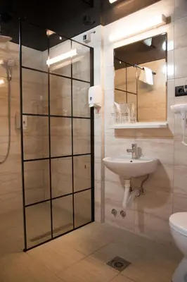 a bathroom with a shower and a sink and a toilet at Hotel 