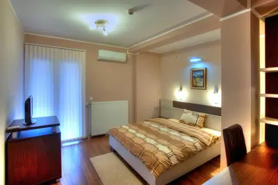 a bedroom with a bed and a television in it at Guesthouse Vitez in Vranje