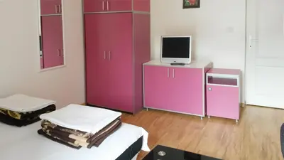 a room with two beds and a tv on a cabinet at Apartments Petkovic in Soko Banja