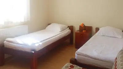 a bedroom with two beds and a dresser and a window at Apartments Petkovic in Soko Banja