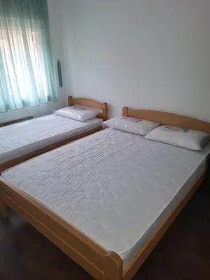 two twin beds in a room with two windows at Apartment Pavlovic in Soko Banja