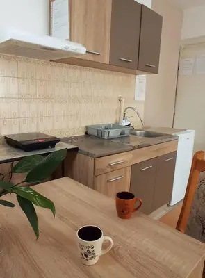 a kitchen with a table with two cups on it at Apartman Anđelina Vrnjačka Banja in Vrnjačka Banja