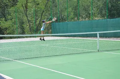 a woman swinging a tennis racket on a tennis court at Guesthouse Djurić in Negotin