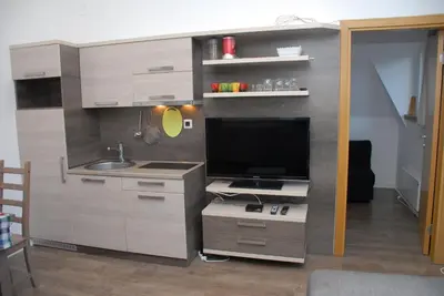 a kitchen with a sink and a tv in it at Apartments Mitic in Kopaonik