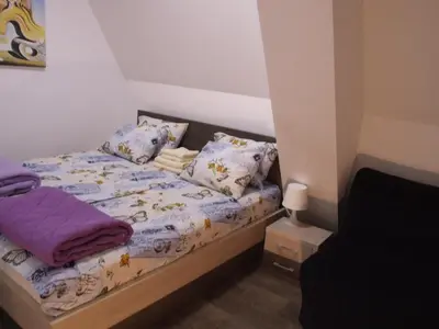 a small bedroom with a bed with purple sheets and pillows at Apartments Mitic in Kopaonik