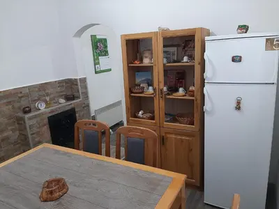 a kitchen with a table and a white refrigerator at Vikendica RTANJ in Rtanj