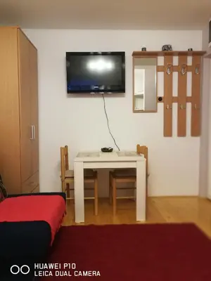 a living room with a table and a tv on the wall at Studio Apartman Lenka in Soko Banja