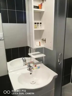 a bathroom with a white sink and a mirror at Studio Apartman Lenka in Soko Banja