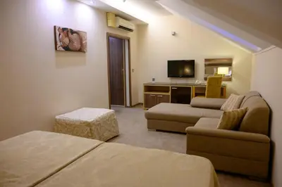 a hotel room with a couch and a tv at Hotel Tami Residence in Niš
