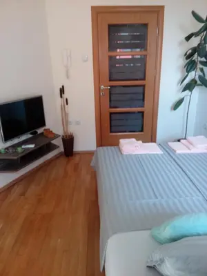 a living room with two beds and a flat screen tv at Apartment Boris in Niš