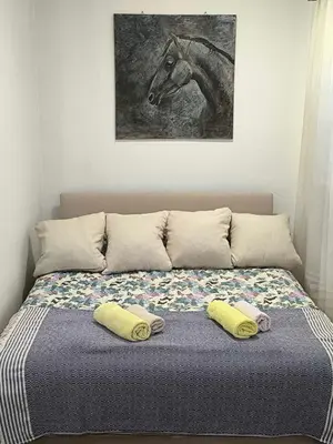 a bed with two pillows and a picture of a horse at Planinska kuća Vladanka - planina Goč - banjska strana - preko puta ski staze in Biserske Kuće