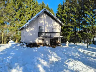 a white house in the snow with trees at Planinska kuća Vladanka - planina Goč - banjska strana - preko puta ski staze in Biserske Kuće
