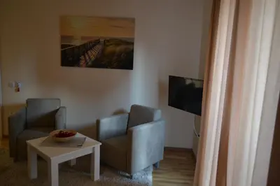 a living room with two chairs and a television at B&B Alex18 in Niš