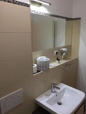 a bathroom with a sink and a mirror at B&B Alex18 in Niš