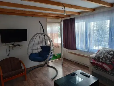 a living room with a hanging chair and a television at Kuca za odmor ''Djurovic'' in Kopaonik