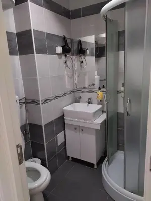 a bathroom with a toilet and a sink and a shower at Atina Lux Hostel in Leskovac