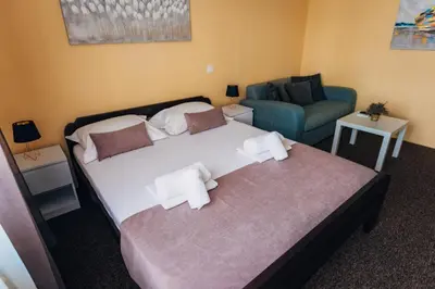 a bedroom with a bed and a couch and a bed at Laguna Green Guest House in Niš