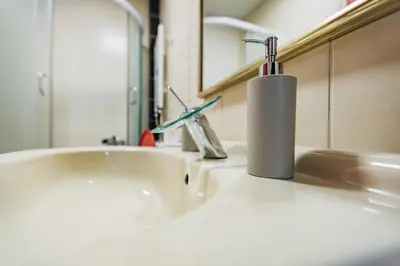 a bathroom sink with a soap dispenser on it at Laguna Green Guest House in Niš