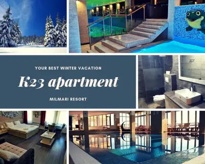 a collage of photos of a hotel with a winter vacation at K23 apartment Milmari in Kopaonik
