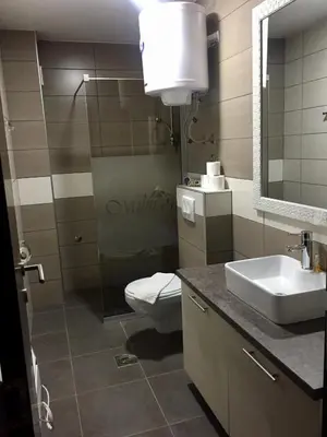 a bathroom with a toilet and a sink and a mirror at K23 apartment Milmari in Kopaonik