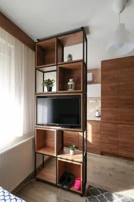 a entertainment center with a flat screen tv in a room at Studio Apartments Maksimović in Niš