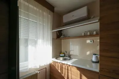 a kitchen with a sink and a window at Studio Apartments Maksimović in Niš