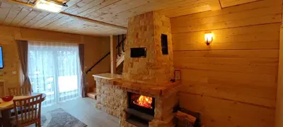 a living room with a fireplace in a log cabin at Vikendica Vila Despotovic in Kopaonik