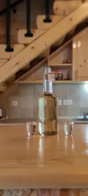 a bottle of oil sitting on top of a kitchen counter at Vikendica Vila Despotovic in Kopaonik