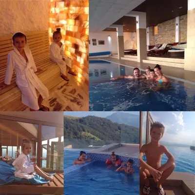 a collage of pictures of children in a swimming pool at SM Apartments Kopaonik III in Kopaonik
