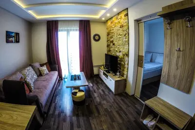 a living room with a couch and a television in a room at SM Apartments Kopaonik III in Kopaonik