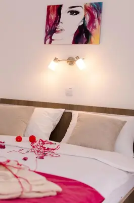 a bedroom with a bed with red flowers on it at Apartmani Maja Sokobanja in Soko Banja