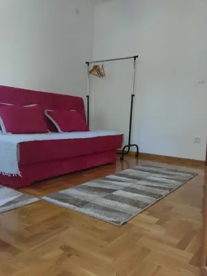 a living room with a red couch and a rug at Apartment Blagojevic in Vrnjačka Banja