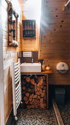 a bathroom with a sink and a pile of wood at Apartman Pustolov - Stara planina in Crni Vrh