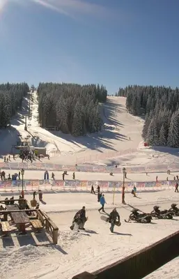 a group of people skiing down a snow covered slope at Apartment Sofi Yeti in Kopaonik