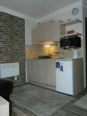a kitchen with a white refrigerator and a brick wall at Apartment Sofi Yeti in Kopaonik