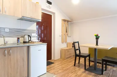 a kitchen with a table and a counter top at Athos Apartments in Niš