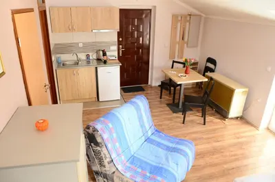 a kitchen and a living room with a couch and a table at Athos Apartments in Niš